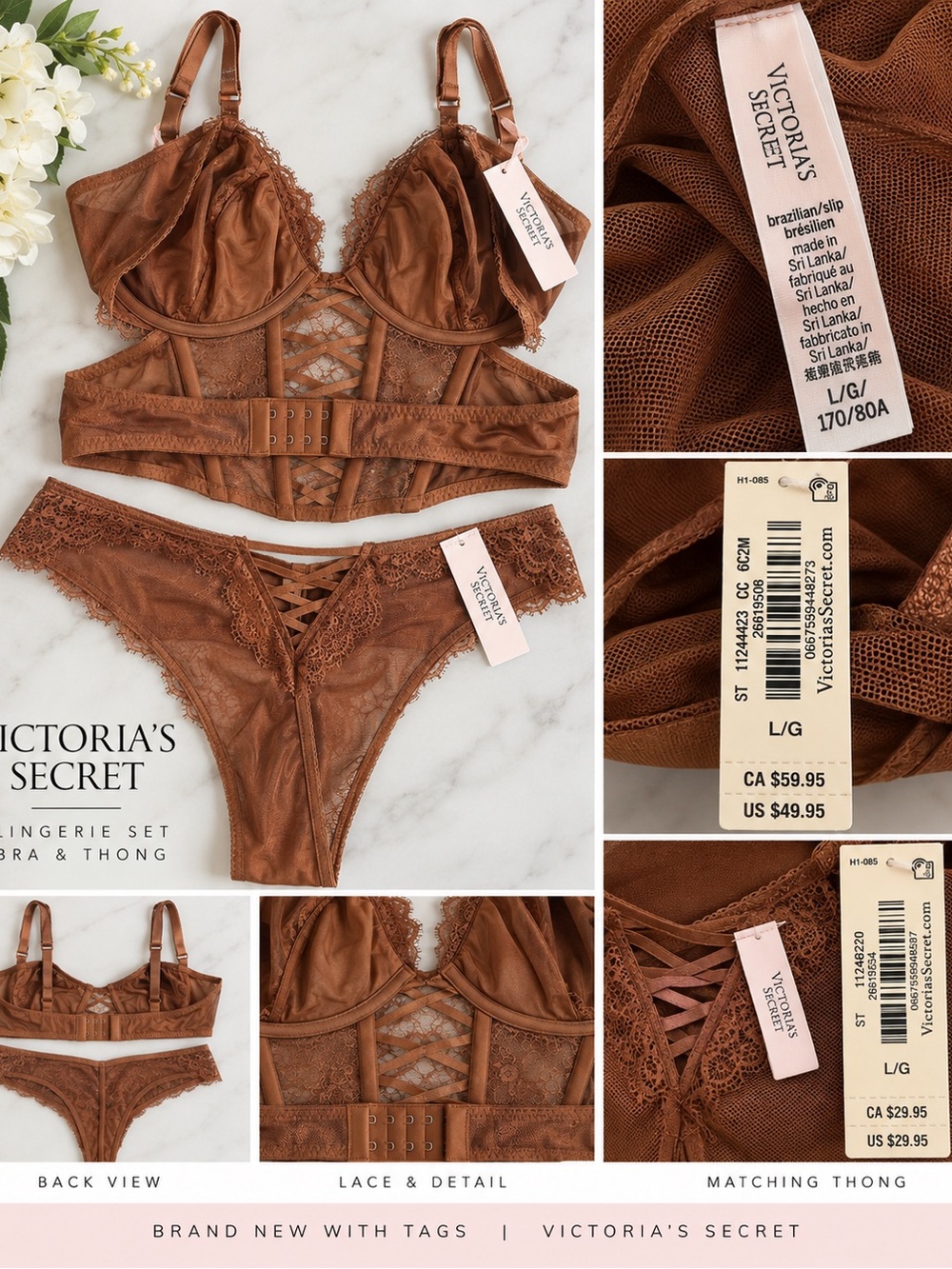 Victoria's Secret Brown Lace Longline Bra & Thong Set - Chestnut